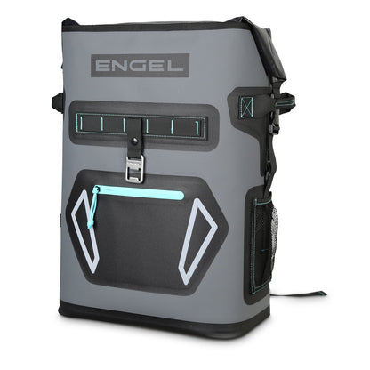 The Engel Roll Top High Performance Backpack Cooler by Engel Coolers, available in grey and black, has welded seams, a front zip pocket, buckle closure, and a side mesh pocket. It offers excellent thermal insulation for transporting chilled items.