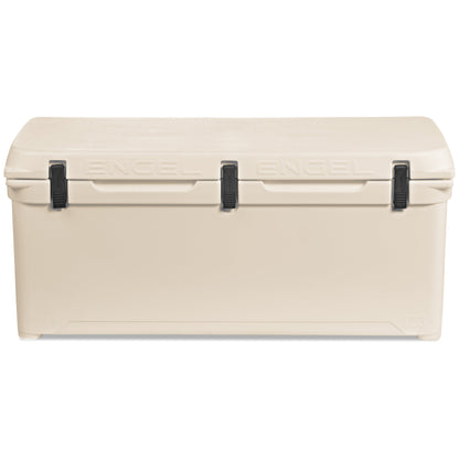 A high-performance, beige Engel Coolers 123 Hard Cooler and Ice Box on a white background.