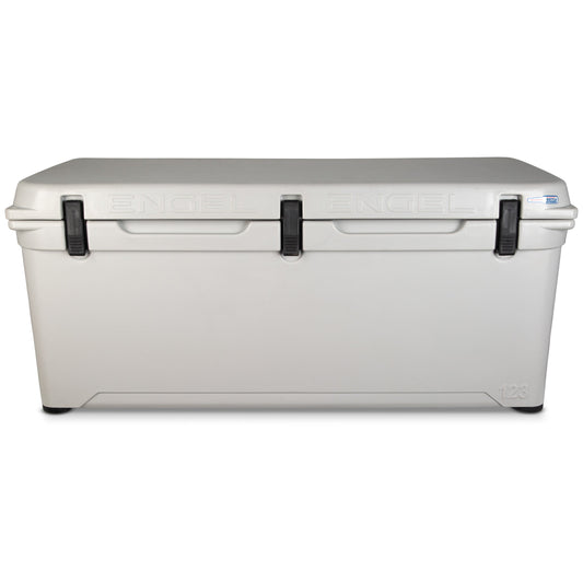 A white Engel 123 High Performance Hard Cooler and Ice Box on a white background.