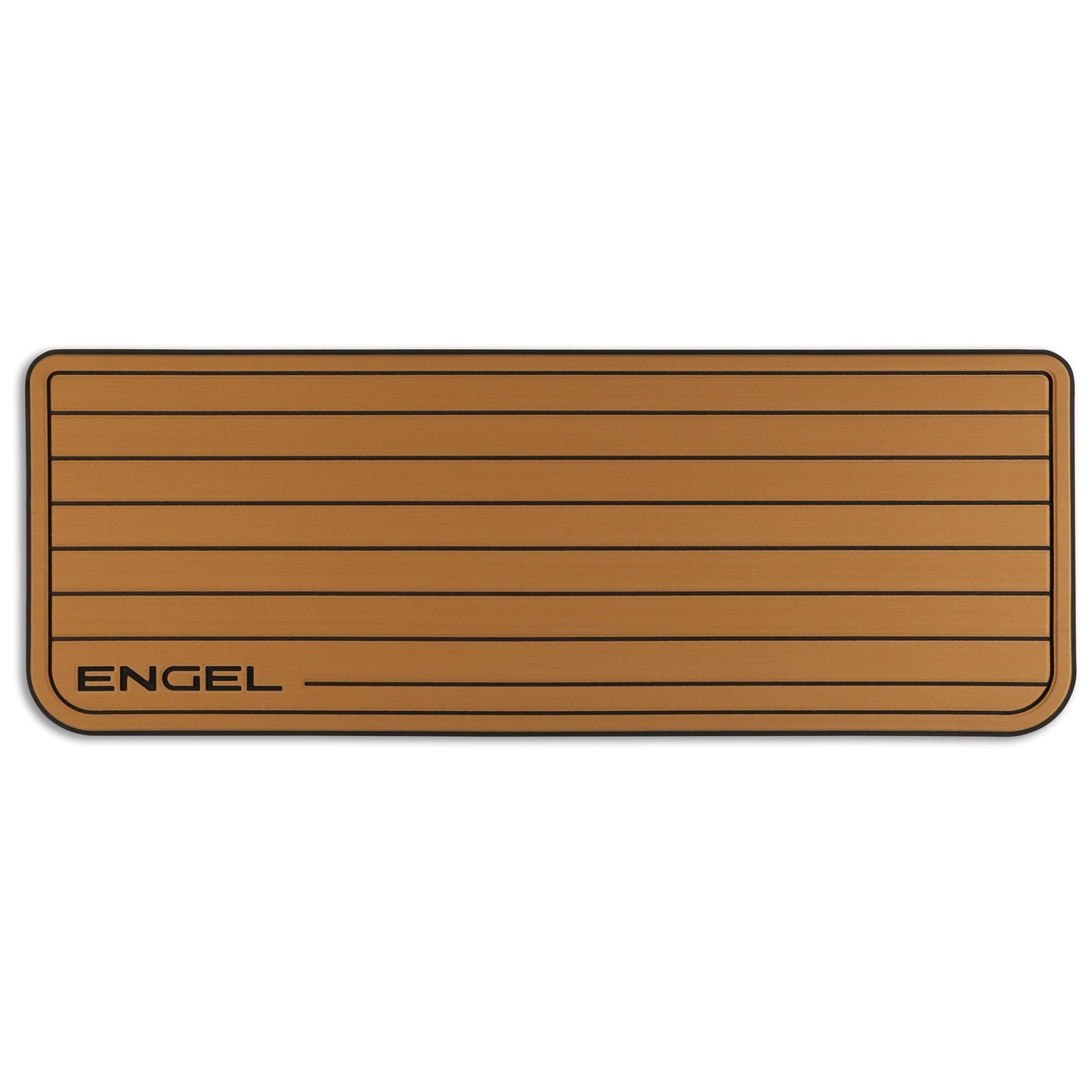 A brown Engel Coolers SeaDek® Tan Teak Pattern Non-Slip Marine Cooler Topper with the word engel on it, perfect for marine environments.