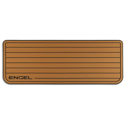 A brown Engel Coolers SeaDek® Tan Teak Pattern Non-Slip Marine Cooler Topper with the word engel on it, perfect for marine environments.
