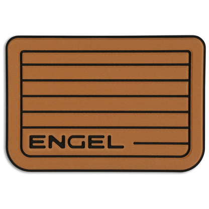 A brown door mat with the word Engel on it, made from SeaDek® Tan Teak Pattern Non-Slip Marine Cooler Topper for durability in marine environments.