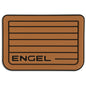 A brown door mat with the word Engel on it, made from SeaDek® Tan Teak Pattern Non-Slip Marine Cooler Topper for durability in marine environments.