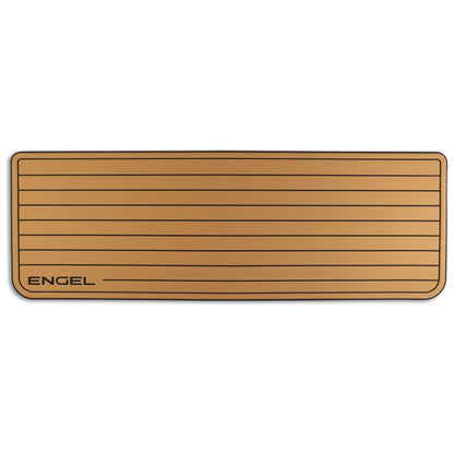 A brown Engel Coolers SeaDek® Tan Teak Pattern Non-Slip Marine Cooler Topper with the word engel on it, designed for marine environments.