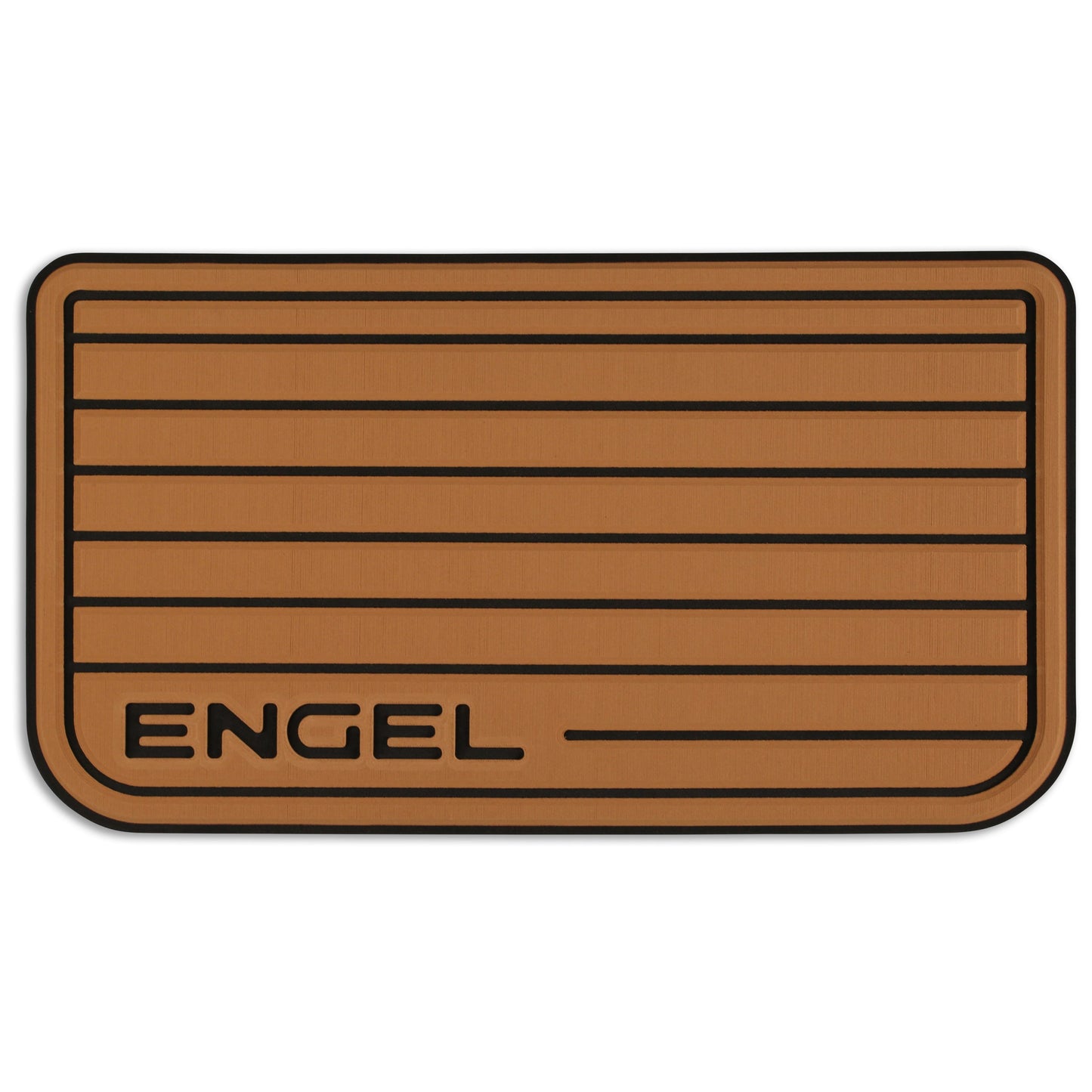 A brown Engel Coolers SeaDek® Tan Teak Pattern Non-Slip Marine Cooler Topper with the word engel on it, designed for marine environments.