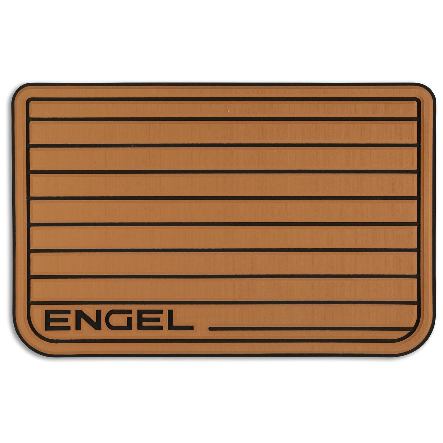 The Engel Coolers logo is shown on a SeaDek® Tan Teak Pattern Non-Slip Marine Cooler Topper designed for marine environments.