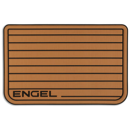 The Engel Coolers logo is shown on a SeaDek® Tan Teak Pattern Non-Slip Marine Cooler Topper designed for marine environments.