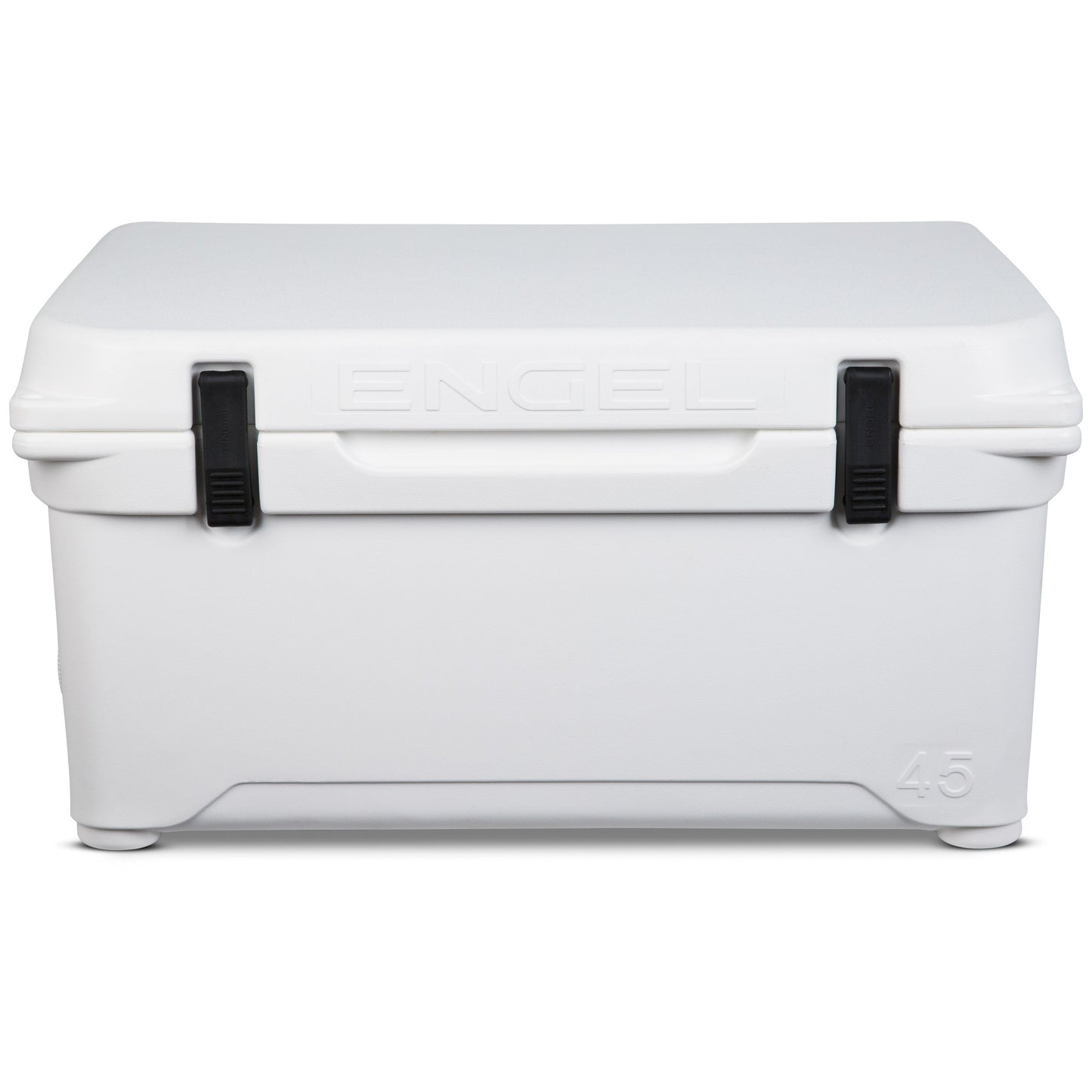 A white Engel 45 High Performance Hard Cooler and Ice Box by Engel Coolers on a white background.