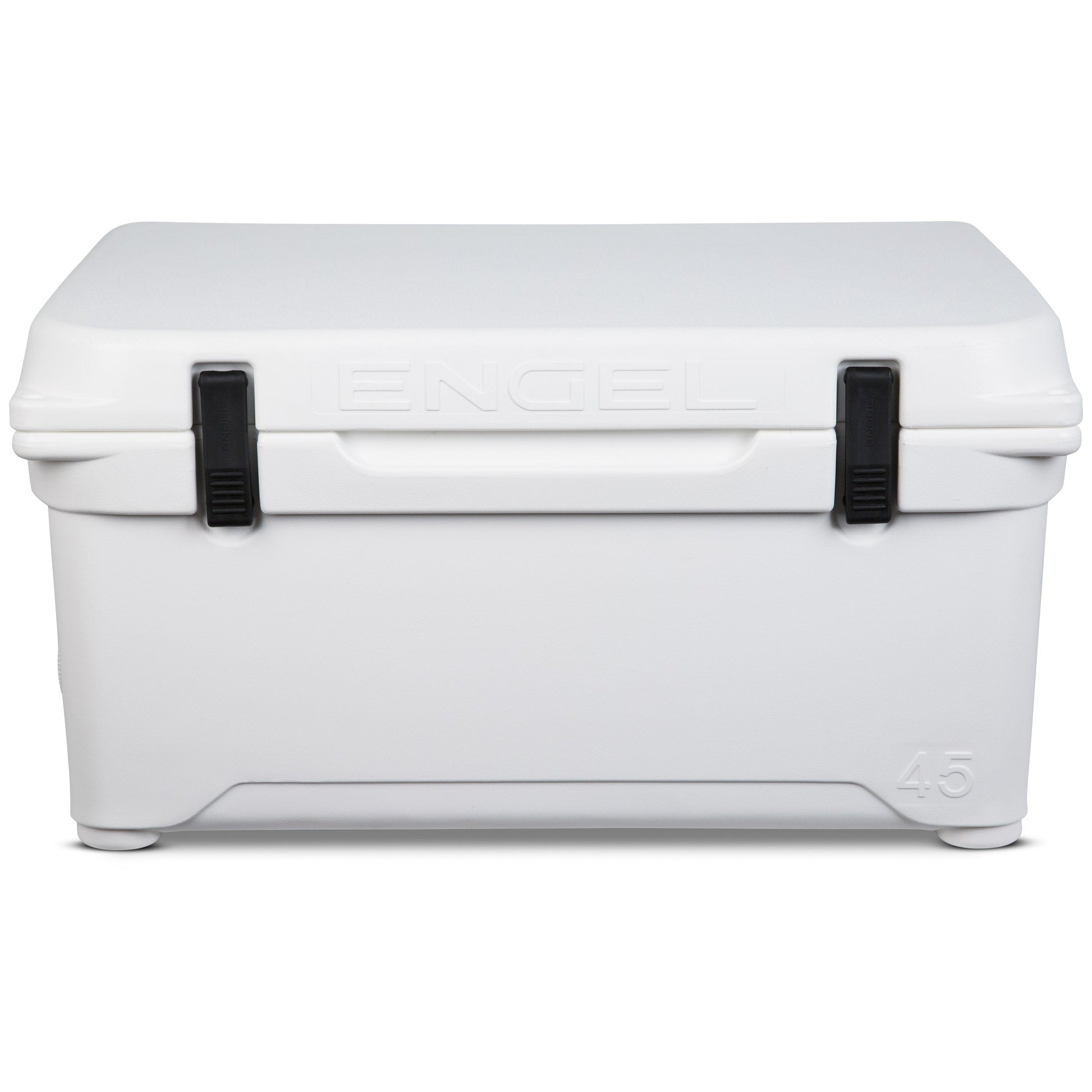 A white Engel 45 High Performance Hard Cooler and Ice Box by Engel Coolers on a white background.