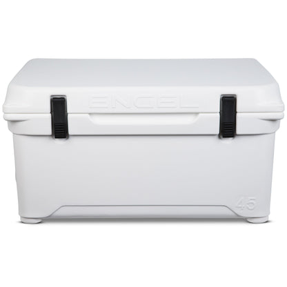 A white Engel 45 High Performance Hard Cooler and Ice Box by Engel Coolers on a white background.