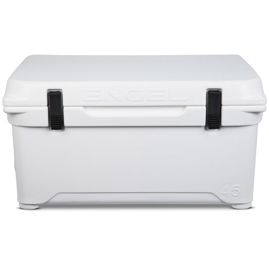 A white Engel 45 High Performance Hard Cooler and Ice Box by Engel Coolers on a white background.
