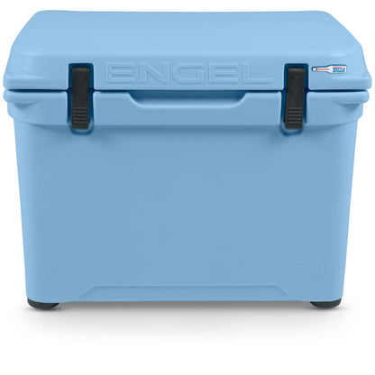 A durable blue cooler with the word Engel Coolers on it.