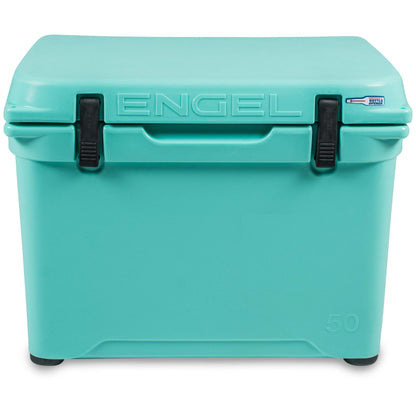 The Engel 50 High Performance Hard Cooler and Ice Box is a durable, turquoise cooler with black handles.