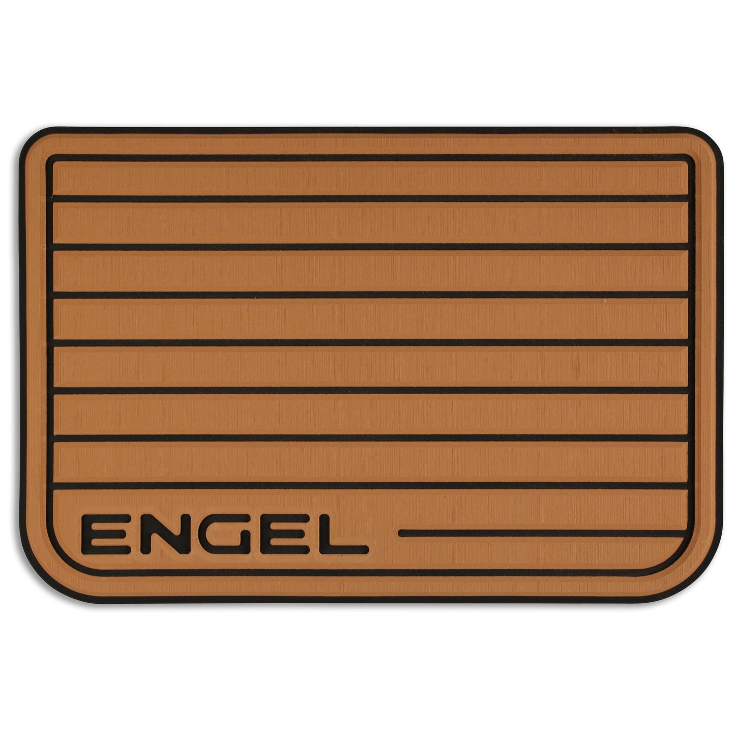 A brown Engel Coolers SeaDek® Tan Teak Pattern Non-Slip Marine Cooler Topper with the word Engel on it, designed for cooler pads in marine environments.