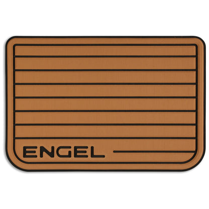 A brown Engel Coolers SeaDek® Tan Teak Pattern Non-Slip Marine Cooler Topper with the word Engel on it, designed for cooler pads in marine environments.