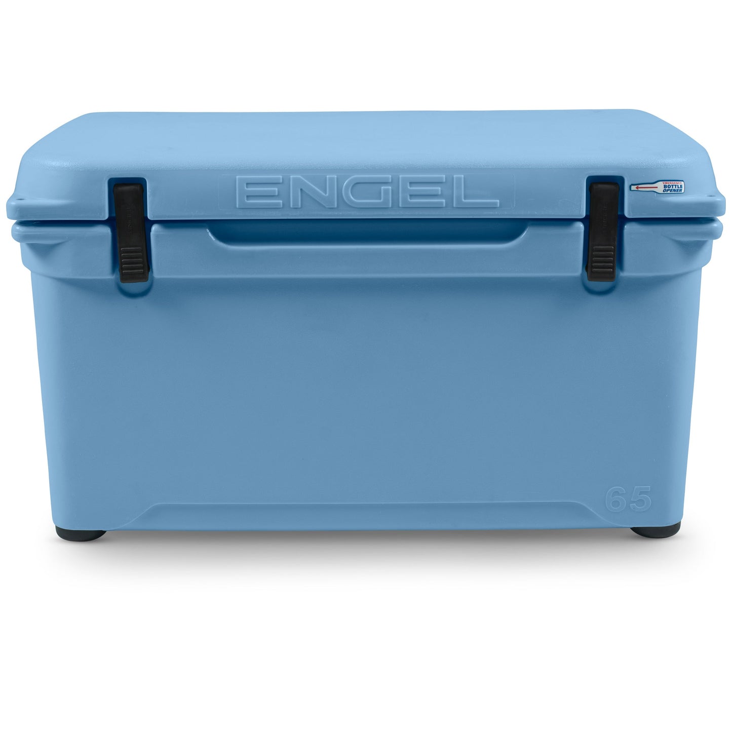 A blue Engel 65 High Performance Hard Cooler and Ice Box with the brand name Engel Coolers on it.