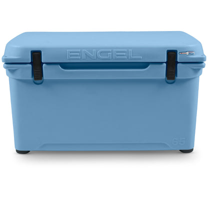 A blue Engel 65 High Performance Hard Cooler and Ice Box with the brand name Engel Coolers on it.