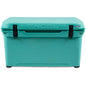 A teal roto-molded cooler with the word Engel Coolers on it, known for its ice retention.