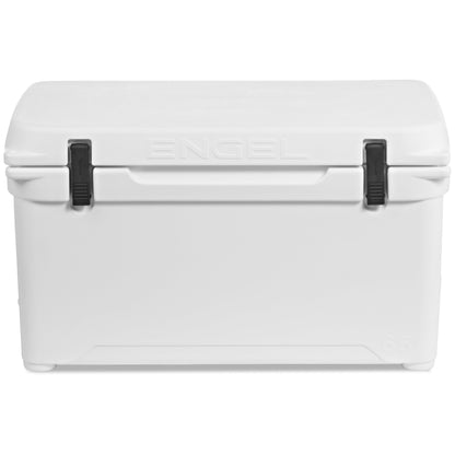 A white Engel 65 High Performance Hard Cooler and Ice Box on a white background by Engel Coolers.
