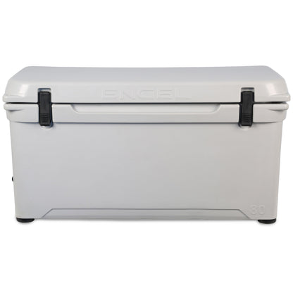 A white, Engel 80 High Performance Hard Cooler and Ice Box on a white background.