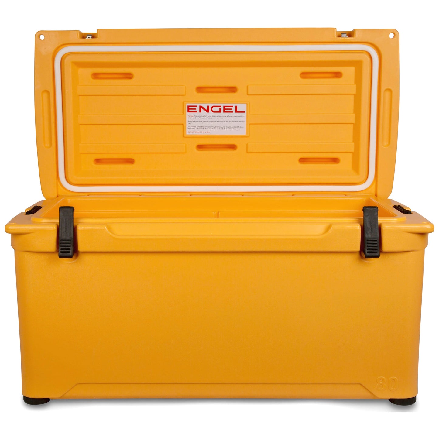 A yellow Engel Coolers 80 High Performance Hard Cooler and Ice Box on a white background.