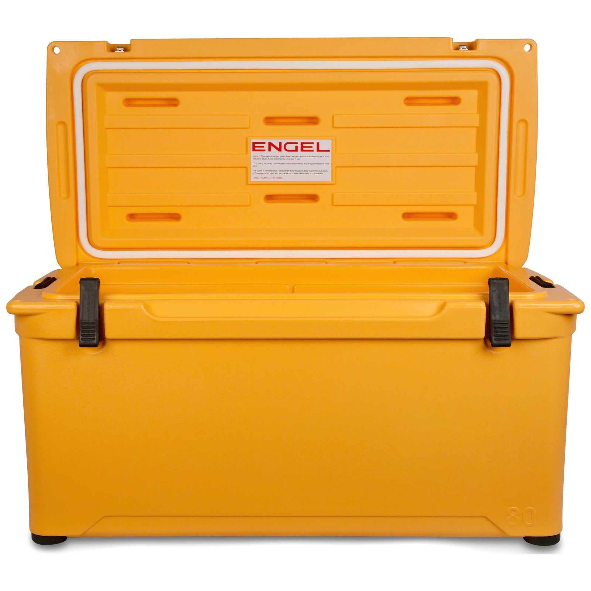 A yellow Engel Coolers 80 High Performance Hard Cooler and Ice Box on a white background.