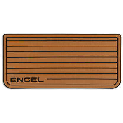 A brown SeaDek® Tan Teak Pattern Non-Slip Marine Cooler Topper with the word Engel on it.