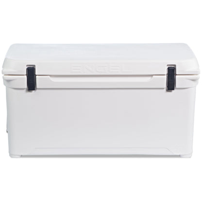 A Engel Coolers 80 High Performance Hard Cooler and Ice Box with black handles.