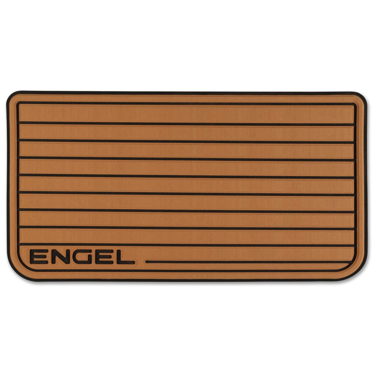 The Engel logo, adorned on Engel Coolers SeaDek® Tan Teak Pattern Non-Slip Marine Cooler Topper, is shown on a brown background.