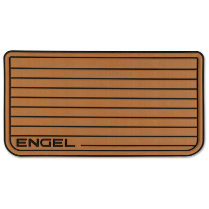 The Engel logo, adorned on Engel Coolers SeaDek® Tan Teak Pattern Non-Slip Marine Cooler Topper, is shown on a brown background.