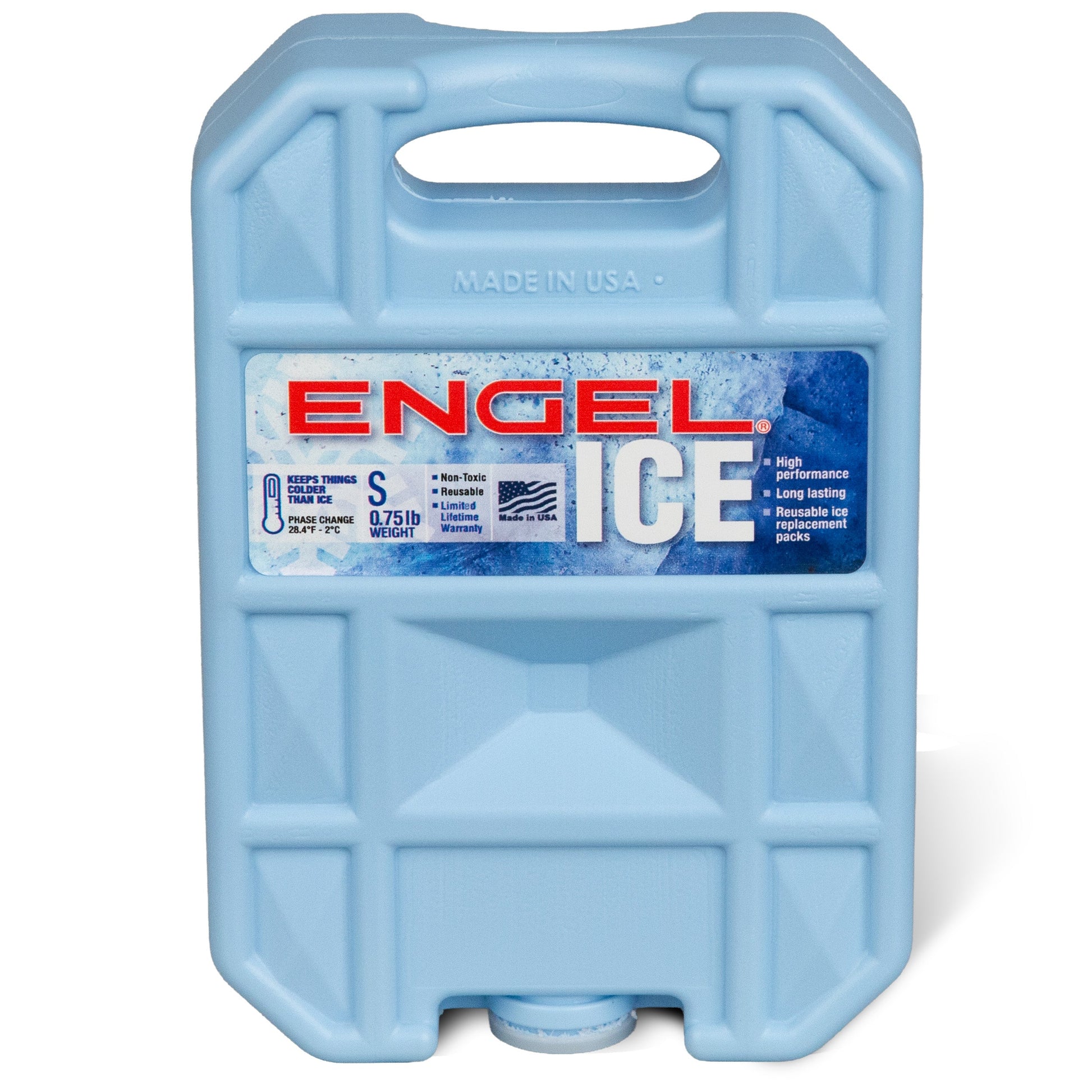 The Engel 32°F / 0°C Cooler Pack by Engel Coolers is a blue, reusable, non-toxic ice pack with a top handle and product details printed on the front.