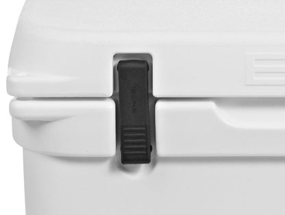 A white Engel High Performance Hard Cooler Latch (Single Latch) with a black handle.