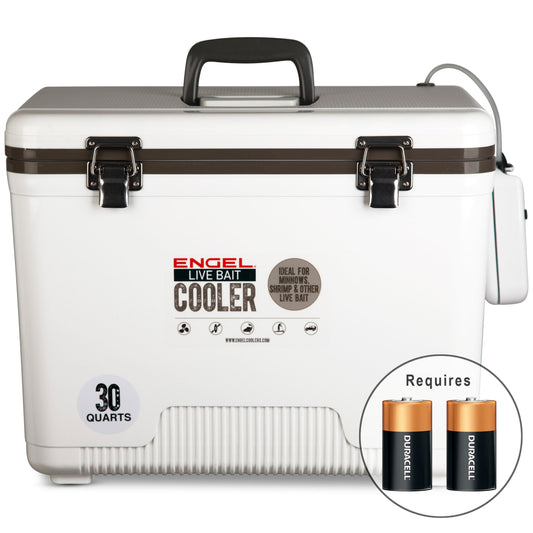 A white insulated Engel Coolers Original 30 Quart Live Bait Drybox/Cooler with batteries.