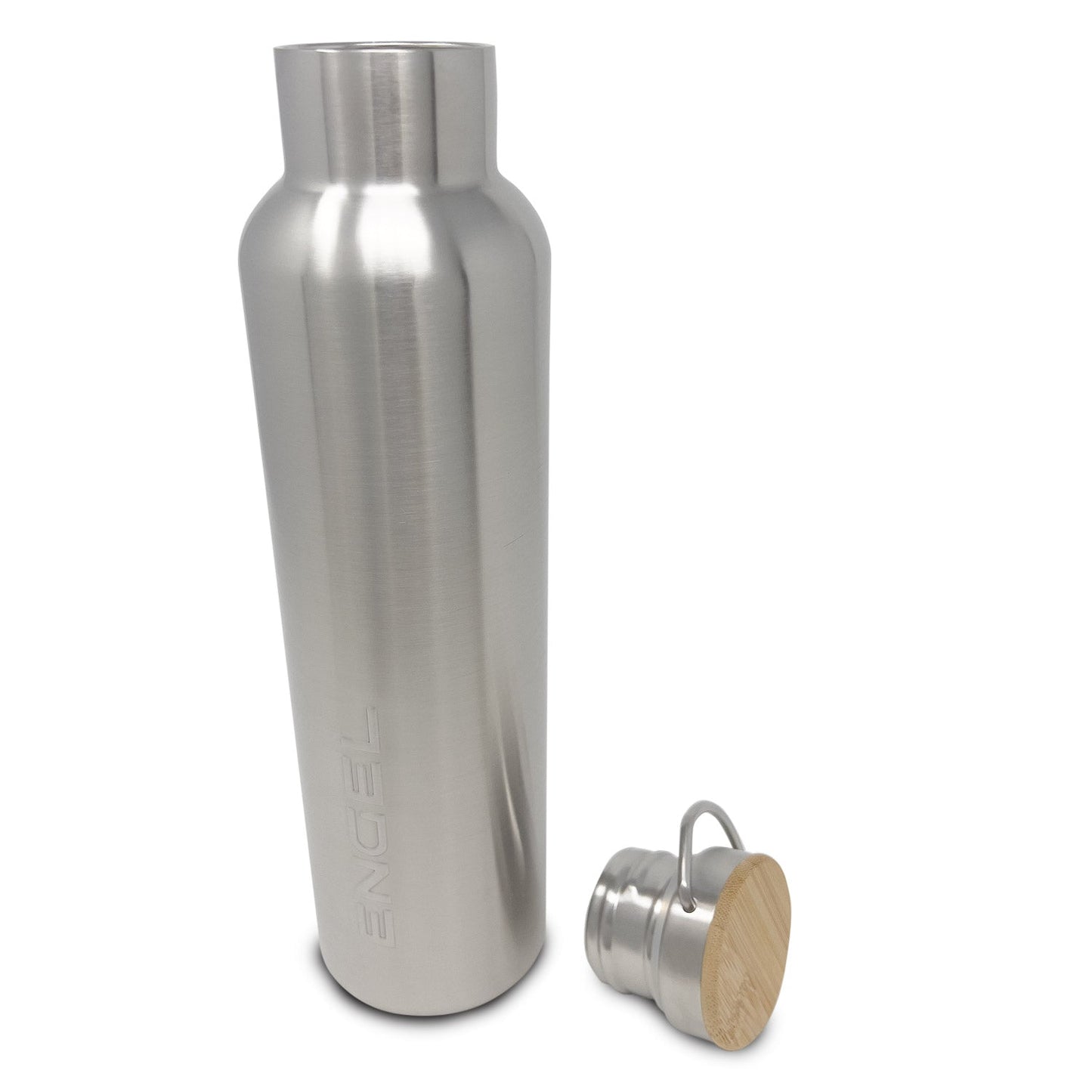 The Engel Coolers 25oz Stainless Steel Vacuum Insulated Water Bottle from the Color Collection is made with premium food-grade stainless steel and features a separate cap topped with charming wood, all elegantly displayed on a white background.