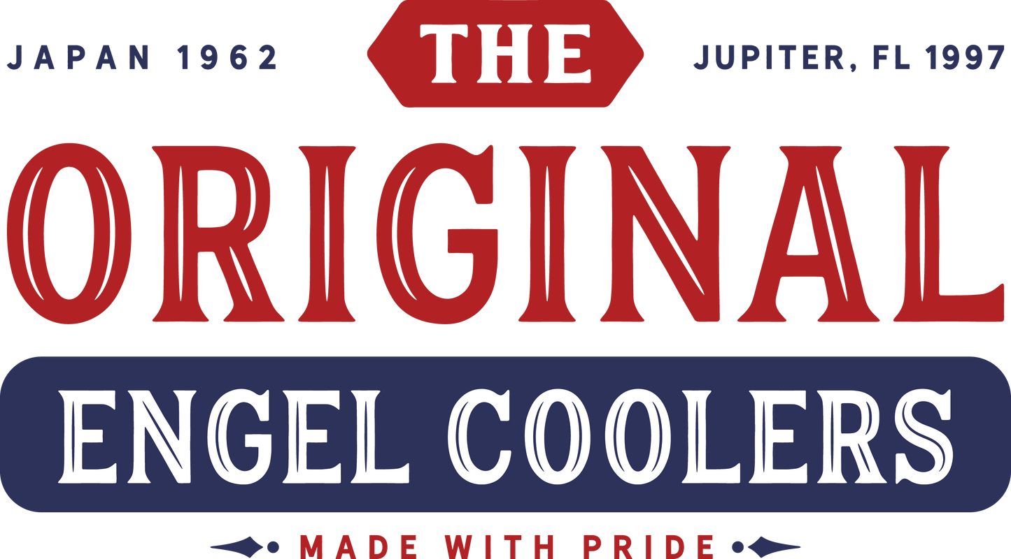 A vibrant graphic displaying the text "Japan 1962, The Original Engel Coolers, Jupiter, FL 1997, Made With Pride" in red and blue. Perfect as a removable window decal to showcase your pride in Engel Coolers' legacy.