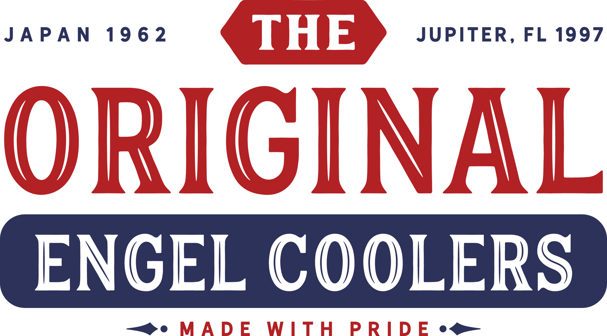 A vibrant graphic displaying the text "Japan 1962, The Original Engel Coolers, Jupiter, FL 1997, Made With Pride" in red and blue. Perfect as a removable window decal to showcase your pride in Engel Coolers' legacy.