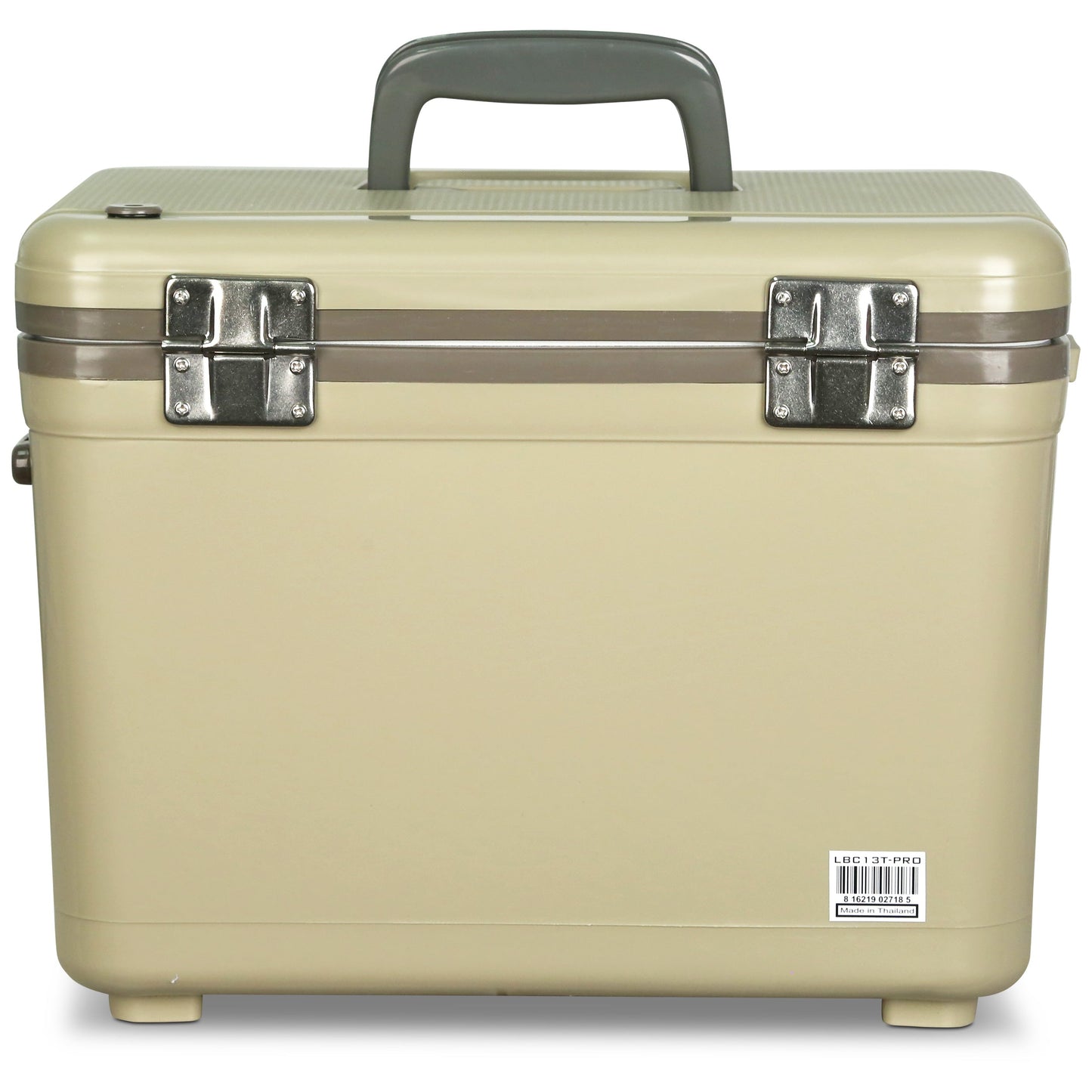 A beige Engel 13Qt Live bait Pro Cooler with AP3 Rechargeable Aerator & Stainless Hardware with handles on a white background.