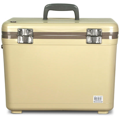 A beige Engel Coolers Live Bait Pro cooler case with a rechargeable aerator on a white background.
