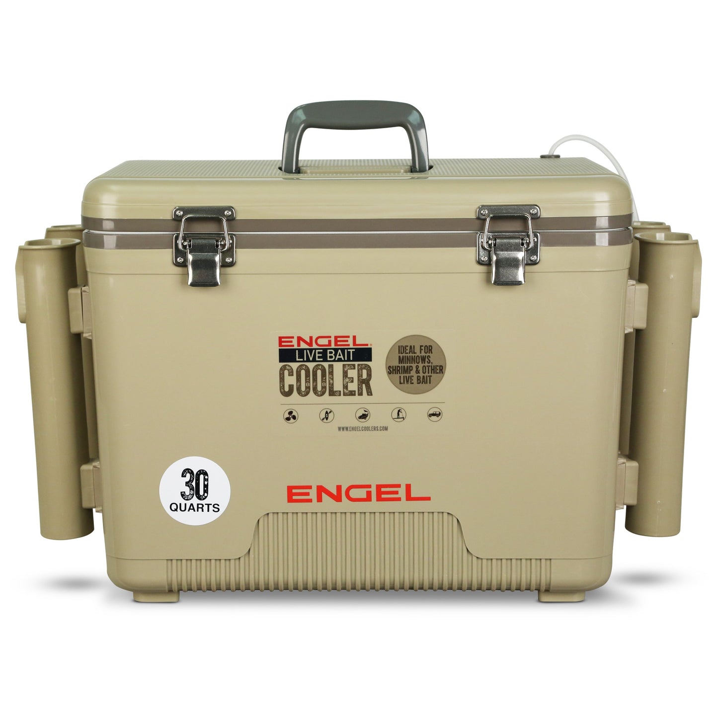 The Engel 30Qt Live bait Pro Cooler with AP4 XL Rechargeable Aerator, Rod Holders & Stainless Hardware from Engel Coolers is shown on a white background.