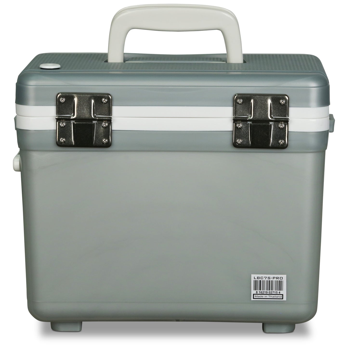 A grey plastic Engel Coolers Live Bait Pro cooler box with handles, including a rechargeable aerator for the bait storage system.