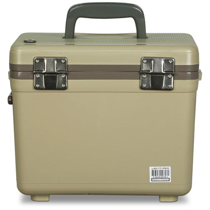 A tan Engel Coolers 7.5Qt Live bait Pro Cooler with AP3 Rechargeable Aerator & Stainless Hardware case with handles.