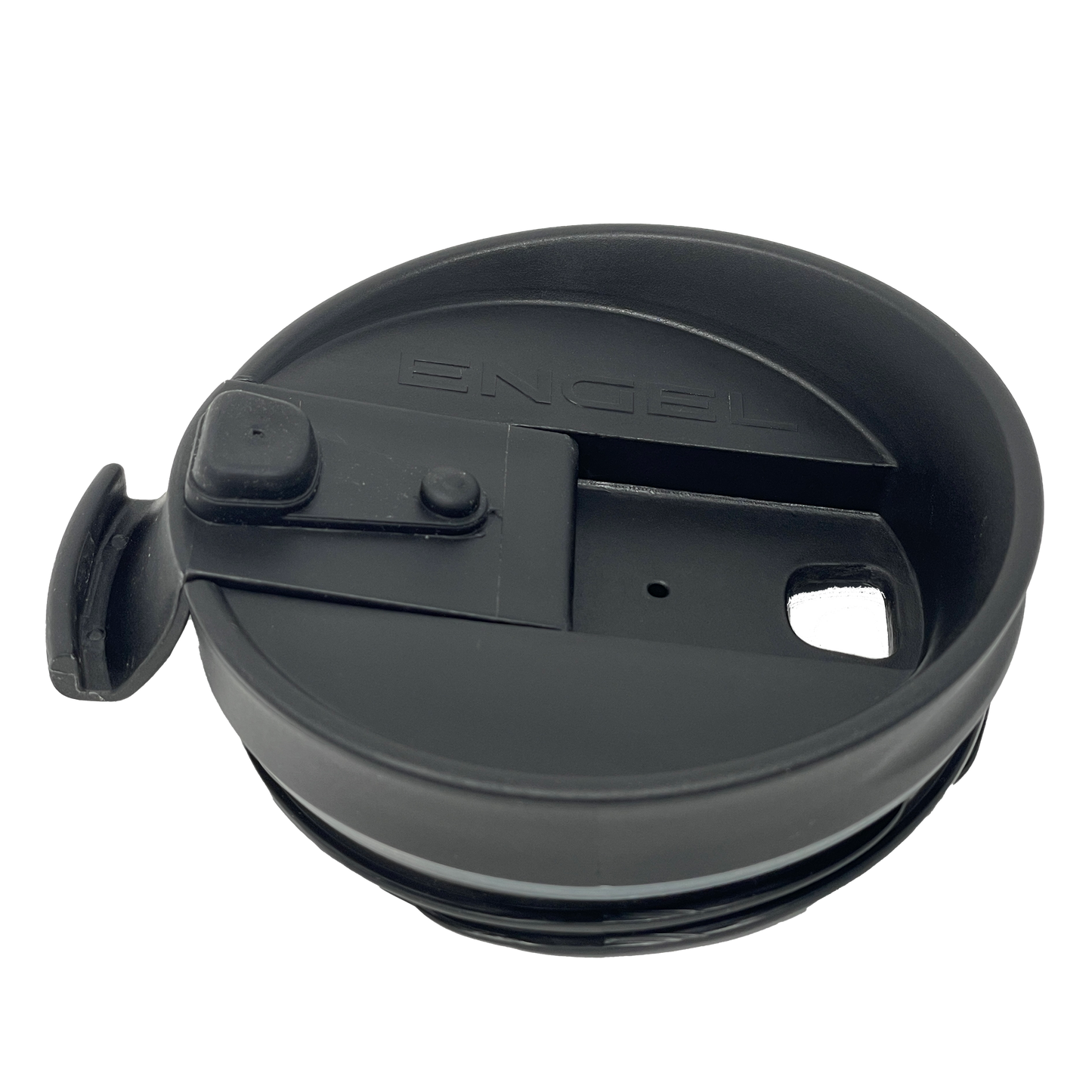 A black plastic Engel Coolers Tumbler with an Engel Tumbler Lid.