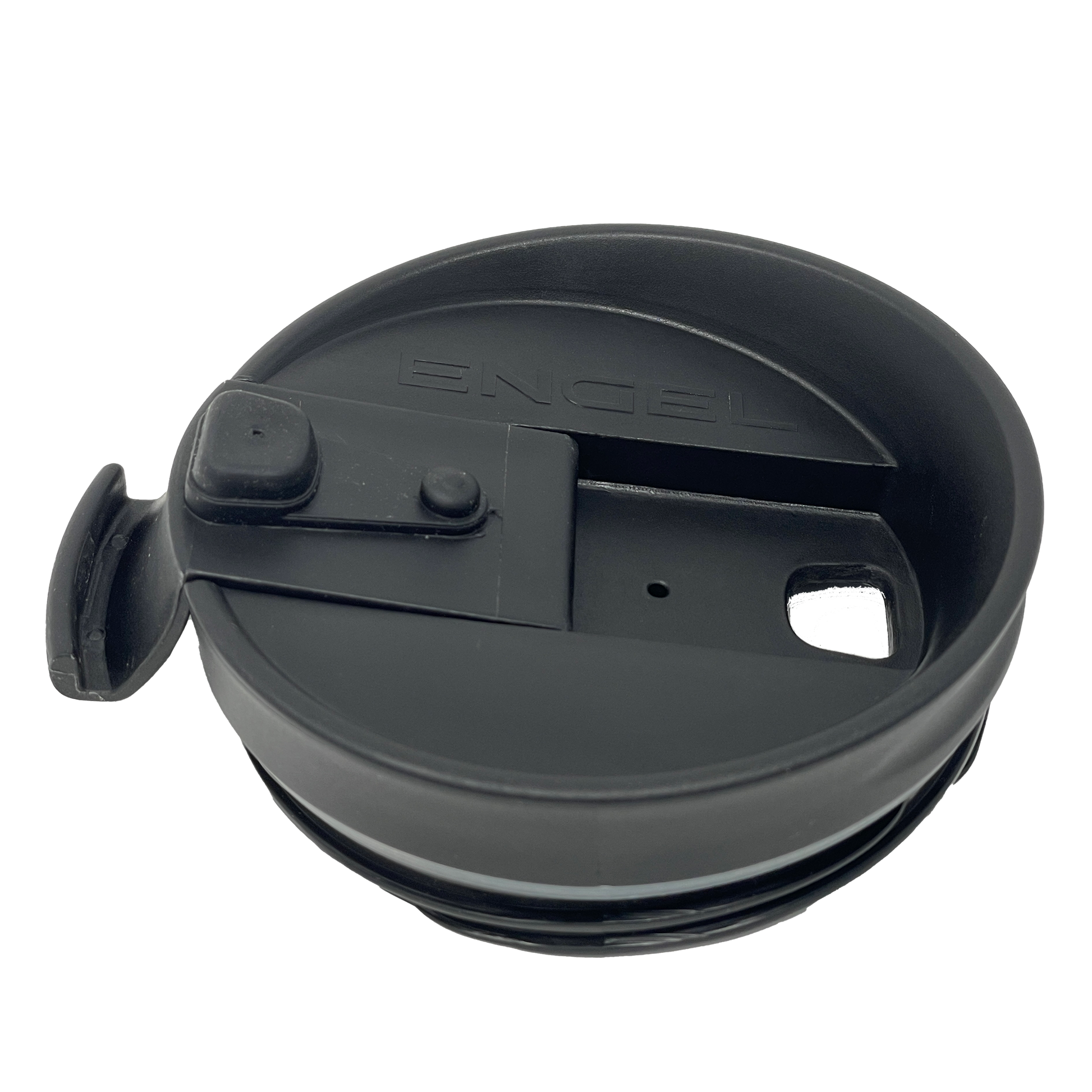 A black plastic Engel Coolers Tumbler with an Engel Tumbler Lid.