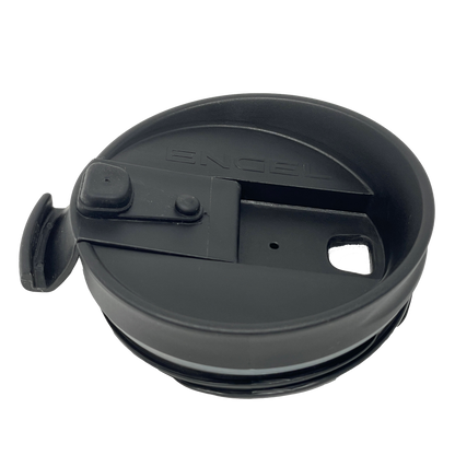 A black plastic Engel Coolers Tumbler with an Engel Tumbler Lid.