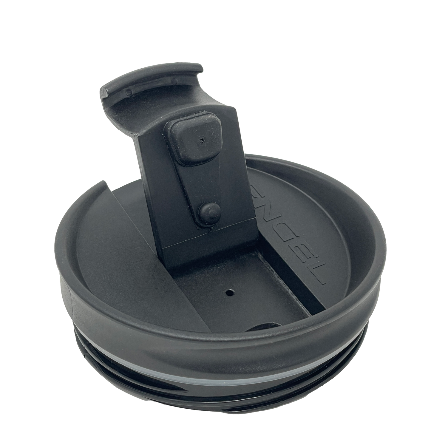 A black Engel Coolers Tumbler Lid plastic cup with a screw-in lid on it.