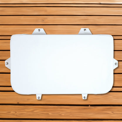 A white sheet of paper on a wooden background with an Engel Coolers white seat cushion for Engel Hard Cooler.