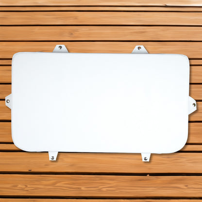 A white plate on a wooden surface with an Engel Coolers marine-grade seat cushion.