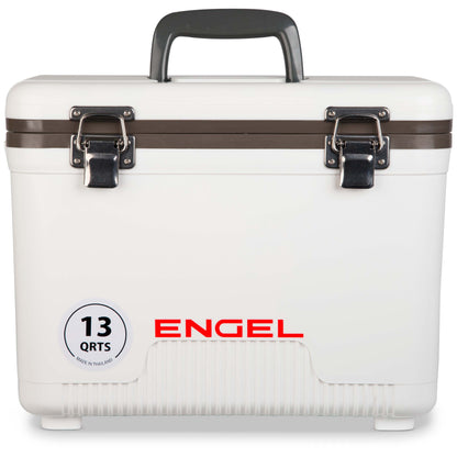 A white Engel 13 Quart Drybox/Cooler with the word Engel Coolers on it.