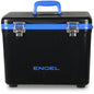 Engel Coolers' 19 Quart Drybox/Cooler is a black portable cooler with a blue handle and "Engel" on the front, featuring two silver latches. It's leak-proof for secure protection.