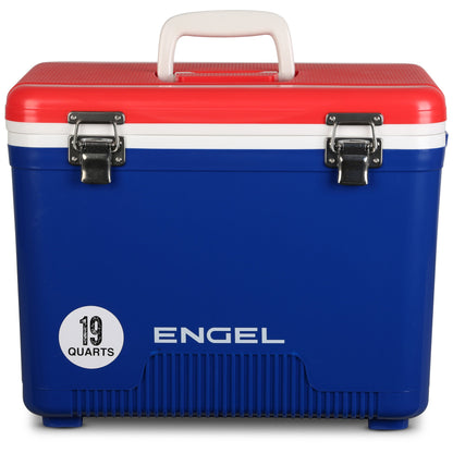 The Engel Coolers 19 Quart Drybox/Cooler in red, white, and blue features a white handle and metal latches—airtight and perfect for outdoor adventures.